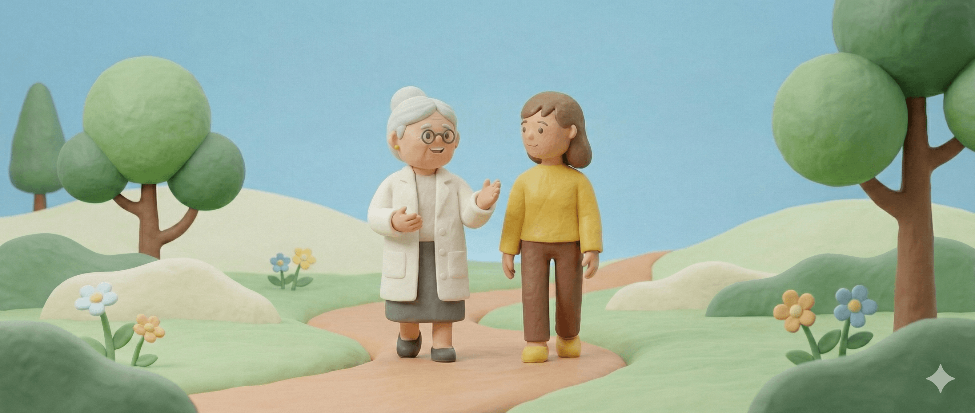 Médica acompañando a una paciente por un sendero verde, simbolizando el camino juntos hacia la salud