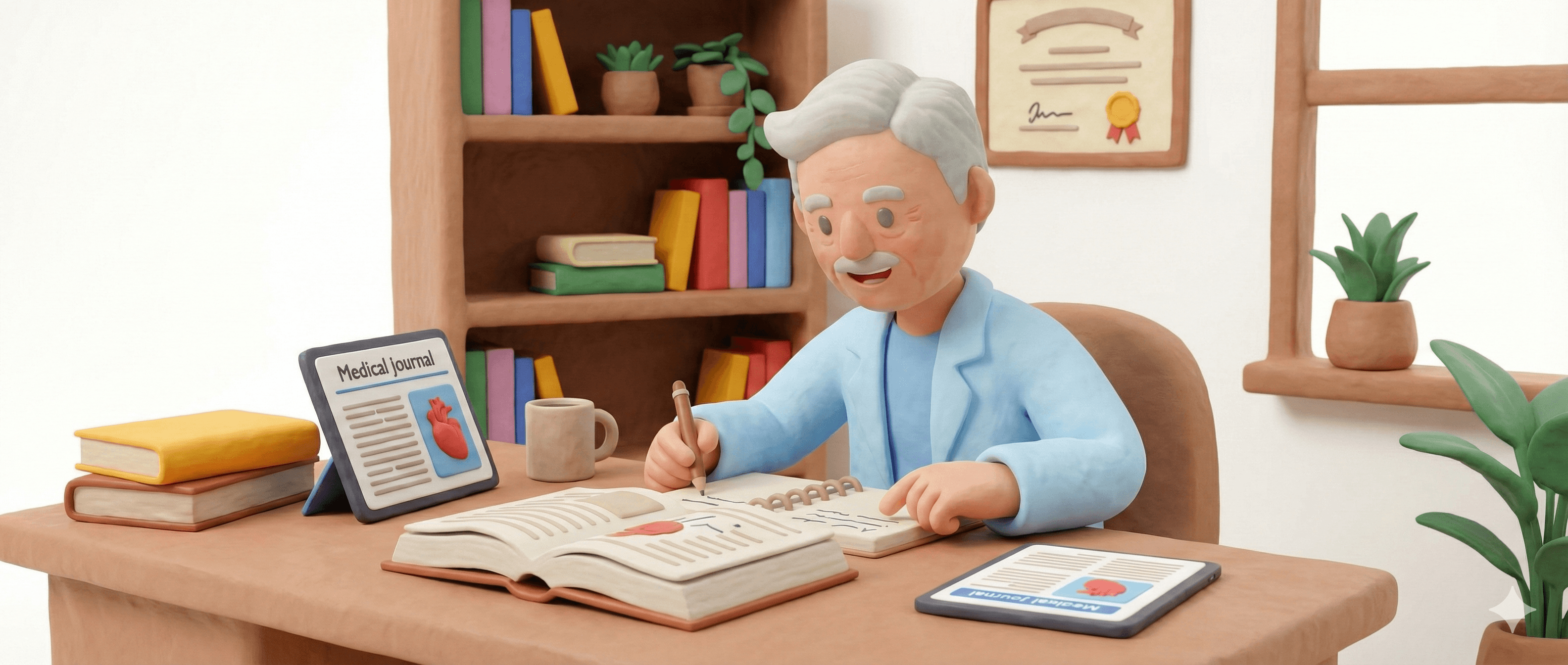 Médico jubilado feliz y activo en su consulta