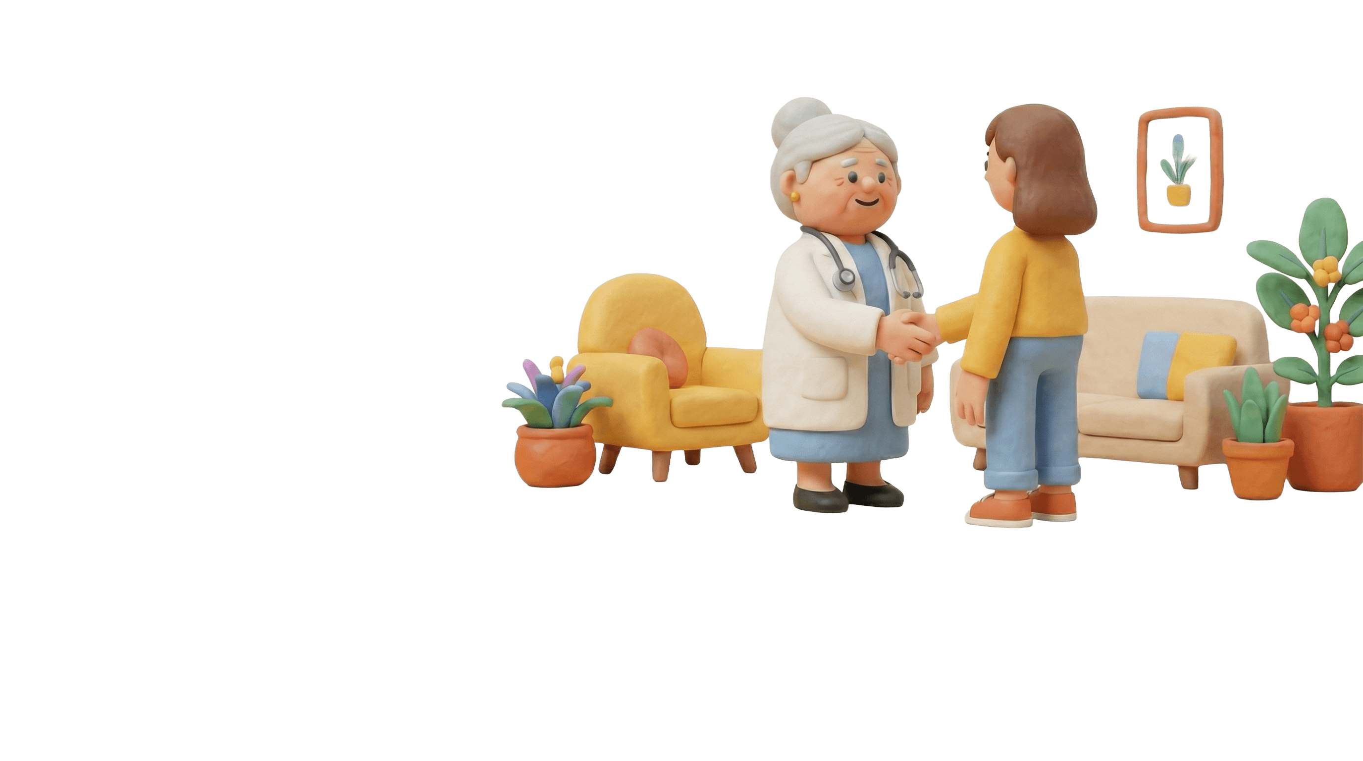 Médica senior saludando amablemente a una paciente en un ambiente cálido y acogedor