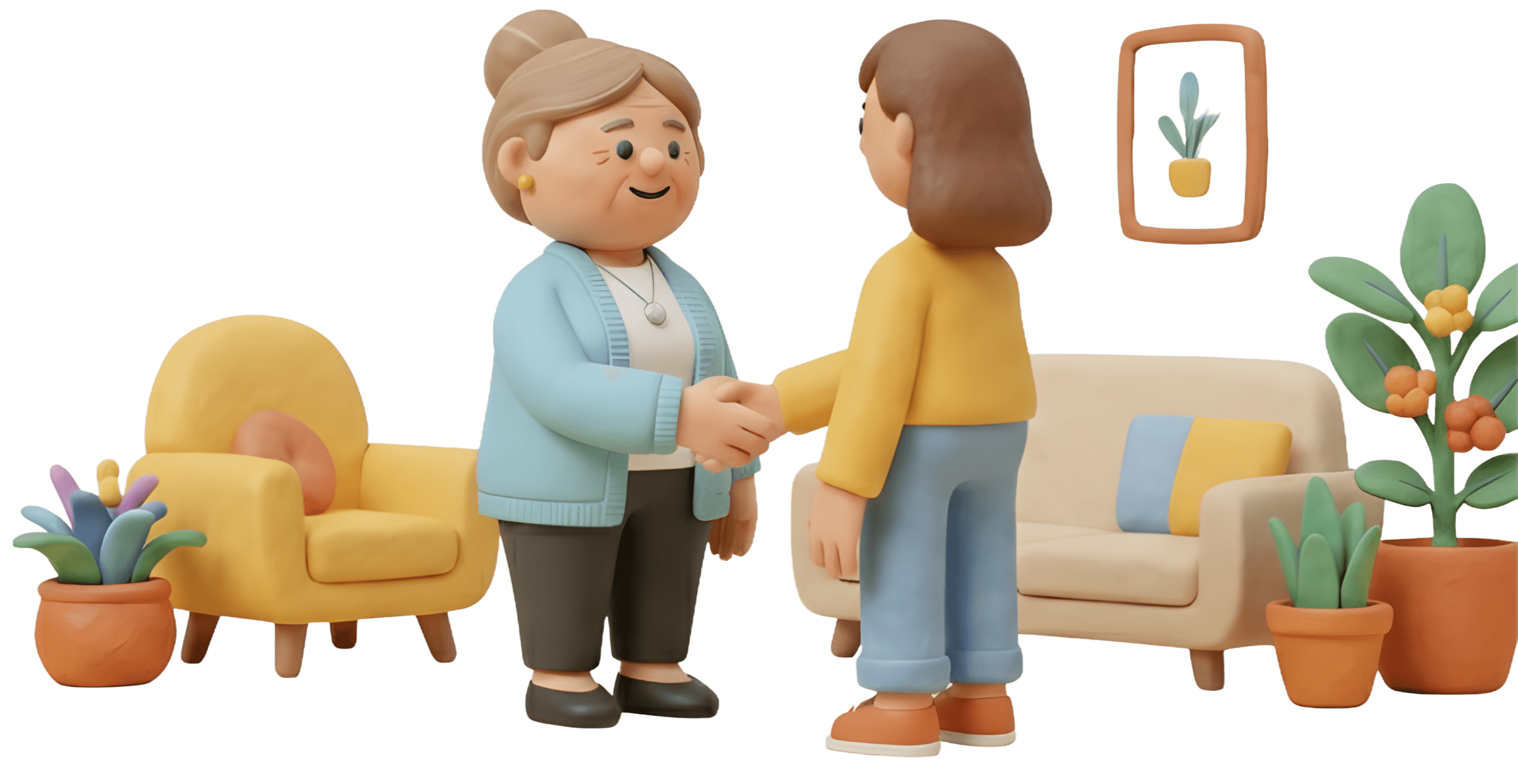 Médica senior saludando amablemente a una paciente en un ambiente cálido y acogedor